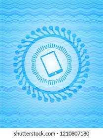 mobile phone icon inside water wave representation style emblem.