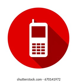 Mobile phone icon isolated on red background with long shadow. flat icon
