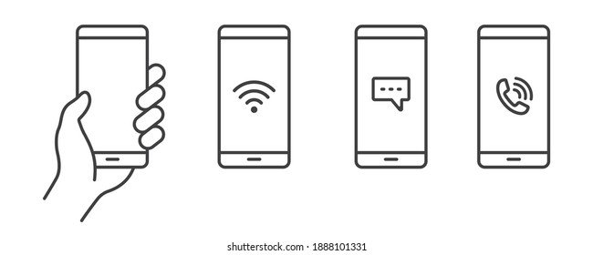 Mobile Phone icon in line style, Smartphone with blank white screen. hand holding Smartphone. vector illustration 