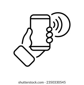 Mobile phone icon. Linear, black, phone in hand, sound on phone. vector icon