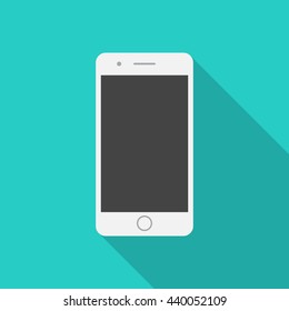 Mobile phone icon with long shadow. Flat design style. Smart phone simple silhouette. Modern minimalistic icon in stylish colors. Web site page and mobile app design vector element.