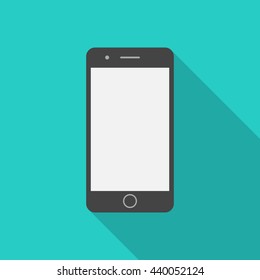 Mobile phone icon with long shadow. Flat design style. Smart phone simple silhouette. Modern minimalistic icon in stylish colors. Web site page and mobile app design vector element.