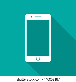 Mobile phone icon with long shadow. Flat design style. Smart phone simple silhouette. Modern minimalistic icon in stylish colors. Web site page and mobile app design vector element.