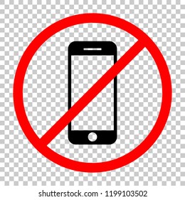 mobile phone icon. Not allowed, black object in red warning sign with transparent background