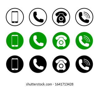 Mobile phone icon on isolated background. Set of call icon and telephone in black, green color in flat style for web. Phone symbol pack. Connection service sign. Design vector illustration