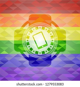 mobile phone icon on mosaic background with the colors of the LGBT flag