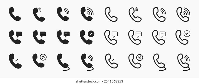 Mobile phone icon pack. Containing mobile, calling, contact, message, call, cellular and more. Collection of telephone solid icons and Phone call icon. Vector illustration