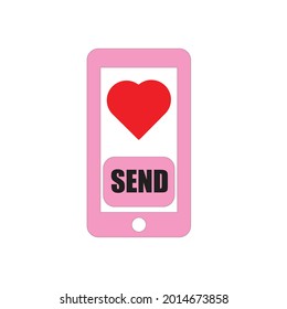 Mobile phone icon with red heart and white background text.