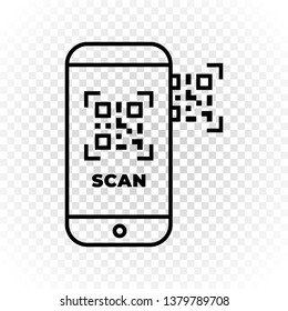 Mobile phone icon with scanning qr-code on screen. Flat outline illustration of digital technology on transparent background. Capture qr code on smartphone.