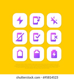 Mobile Phone - icon set glyph clipart. Shape is rounded rectangle or square. Contains audio, sound or music, check, close, turn off, battery charging, high, low, flash on, off.