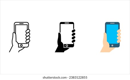 Mobile Phone Icon set. Hand holding smartphone. Smartphone with screen vector illustration on white background