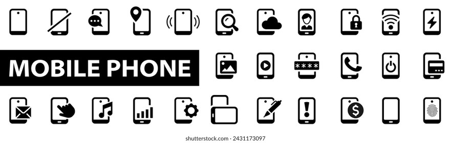 Mobile phone icon set. Smartphone function. Call, telephone, chat, voice, battery, user, search, app, template, ui, etc. Vector illustration.