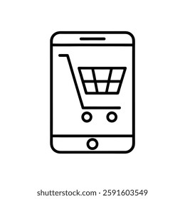 a mobile phone icon with a shopping cart on the screen, symbolizing online shopping or e-commerce through mobile devices