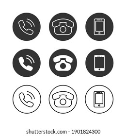 Icono de teléfono móvil simple estilo plano. Botones de smartphone de comunicación de servicio al cliente. Juego de teléfonos fijos y símbolo de teléfono móvil. Colección de dispositivos de comunicación. Ilustración del vector