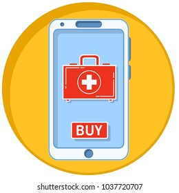 Mobile phone icon. The smartphone with mobile a application online the order and delivery of drugs. Electronic digital device. First aid kit of medical care. line art flat vector.