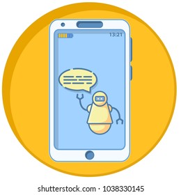 

Mobile phone icon. The smartphone with mobile a application online chat bot electronic assistant cartoon character .Digital device.Line art flat vector.Speak bubble.Voice support service.