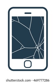 Mobile phone icon with smashed screen showing shattered glass on a blank screen, simple vector illustration