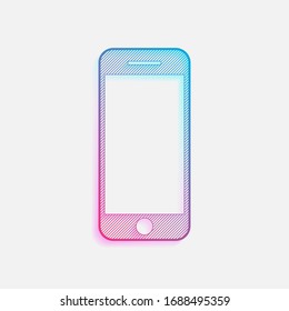 mobile phone icon. Technology logo with diagonal lines and colored gradient. Neon graphic, light effect. Blue and red colors