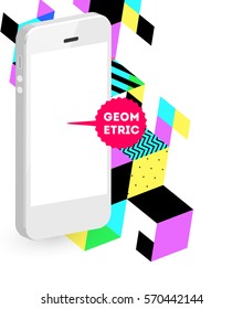 Mobile Phone Icon with Trendy Memphis Geometric Background for Technologies Concepts and Designs - Vector Illustration