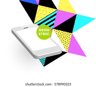 Mobile Phone Icon with Trendy Memphis Geometric Background for Technologies Concepts and Designs - Vector Illustration