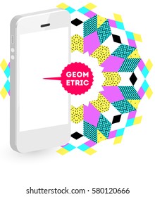 Mobile Phone Icon with Trendy Memphis Geometric Background for Technologies Concepts and Designs - Vector Illustration