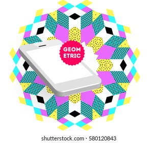 Mobile Phone Icon with Trendy Memphis Geometric Background for Technologies Concepts and Designs - Vector Illustration