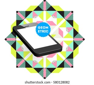 Mobile Phone Icon with Trendy Memphis Geometric Background for Technologies Concepts and Designs - Vector Illustration