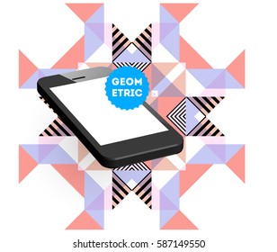 Mobile Phone Icon with Trendy Memphis Geometric Background for Technologies Concepts and Designs - Vector Illustration