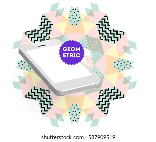 Mobile Phone Icon with Trendy Memphis Geometric Background for Technologies Concepts and Designs - Vector Illustration