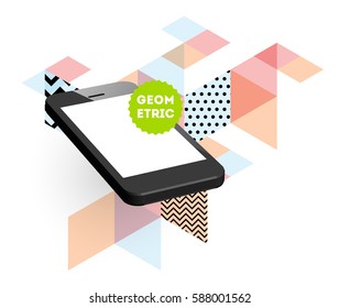Mobile Phone Icon with Trendy Memphis Geometric Background for Technologies Concepts and Designs - Vector Illustration