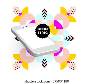 Mobile Phone Icon with Trendy Memphis Geometric Background for Technologies Concepts and Designs - Vector Illustration