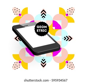 Mobile Phone Icon with Trendy Memphis Geometric Background for Technologies Concepts and Designs - Vector Illustration