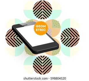 Mobile Phone Icon with Trendy Memphis Geometric Background for Technologies Concepts and Designs - Vector Illustration