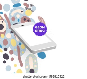 Mobile Phone Icon with Trendy Memphis Geometric Background for Technologies Concepts and Designs - Vector Illustration