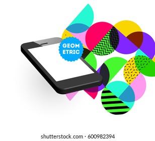 Mobile Phone Icon with Trendy Memphis Geometric Background for Technologies Concepts and Designs - Vector Illustration