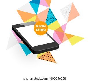 Mobile Phone Icon with Trendy Memphis Geometric Background for Technologies Concepts and Designs - Vector Illustration