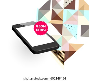 Mobile Phone Icon with Trendy Memphis Geometric Background for Technologies Concepts and Designs - Vector Illustration