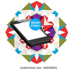 Mobile Phone Icon with Trendy Memphis Geometric Background for Technologies Concepts and Designs - Vector Illustration