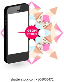 Mobile Phone Icon with Trendy Memphis Geometric Background for Technologies Concepts and Designs - Vector Illustration