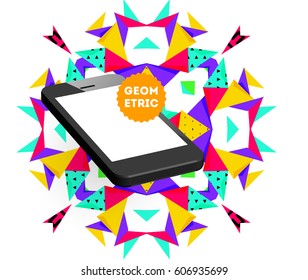 Mobile Phone Icon with Trendy Memphis Geometric Background for Technologies Concepts and Designs - Vector Illustration