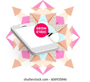 Mobile Phone Icon with Trendy Memphis Geometric Background for Technologies Concepts and Designs - Vector Illustration