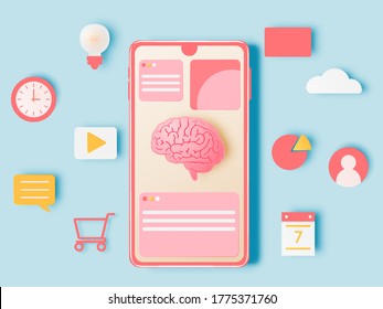 Mobile Phone And Icon For Work From Home  In Paper Art Style With Pastel Color Scheme Background Vector Illustration