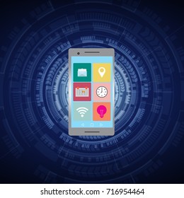 Mobile phone with icons. Abstract background technology, vector.