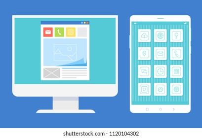 Mobile phone with icons and computer screen displaying post big image buttons modern digital resources vector illustration isolated on blue background