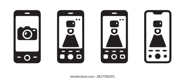 Mobile phone icons displaying camera app interface selfie mode and photo capture options.