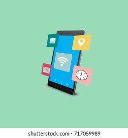 Mobile phone with icons. green background, vector, 3D