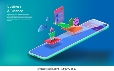 Mobile phone with icons for an online store with shopping cart and clouds. Vector banner