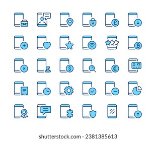 Mobile phone icons set. Vector line icons. Blue color outline stroke symbols. Modern concepts