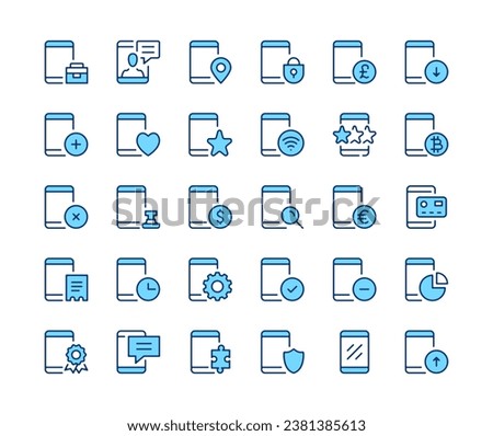 Mobile phone icons set. Vector line icons. Blue color outline stroke symbols. Modern concepts