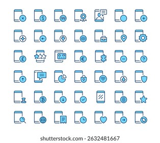 Symbole für Mobiltelefone. Symbolsatz für Vektorzeile. Modernes Design. Blaues Konzept
